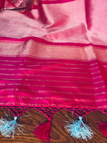 Luxurious Pink Banarasi ektara weaved pure katan silk saree with Kadhwa Janngla and meenakari work