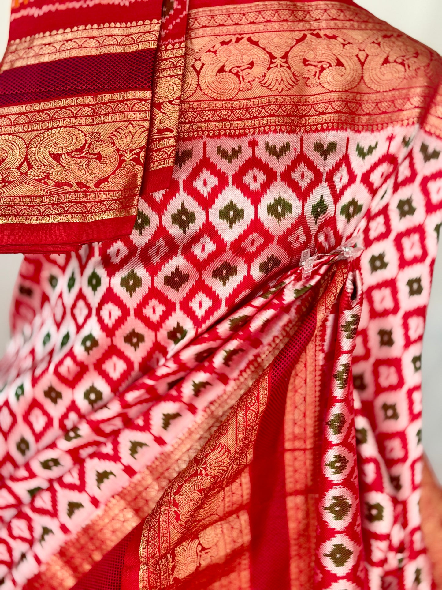 Red Twill Ikkat (Pochampally)handwoven pure silk Saree with Zari Woven Kanchipuram Border