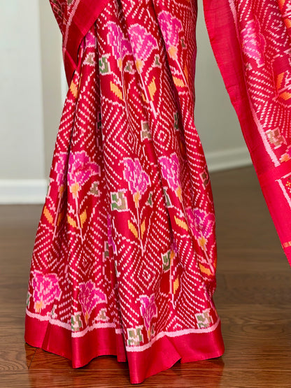 Red color single ikat patan Patola pure silk saree (aka semi-double ikat)