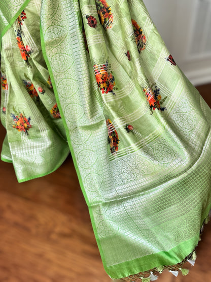 Beautiful Green color powerloom made banarasi pure silk saree with digital flower print and stitched blouse| Value Vogue