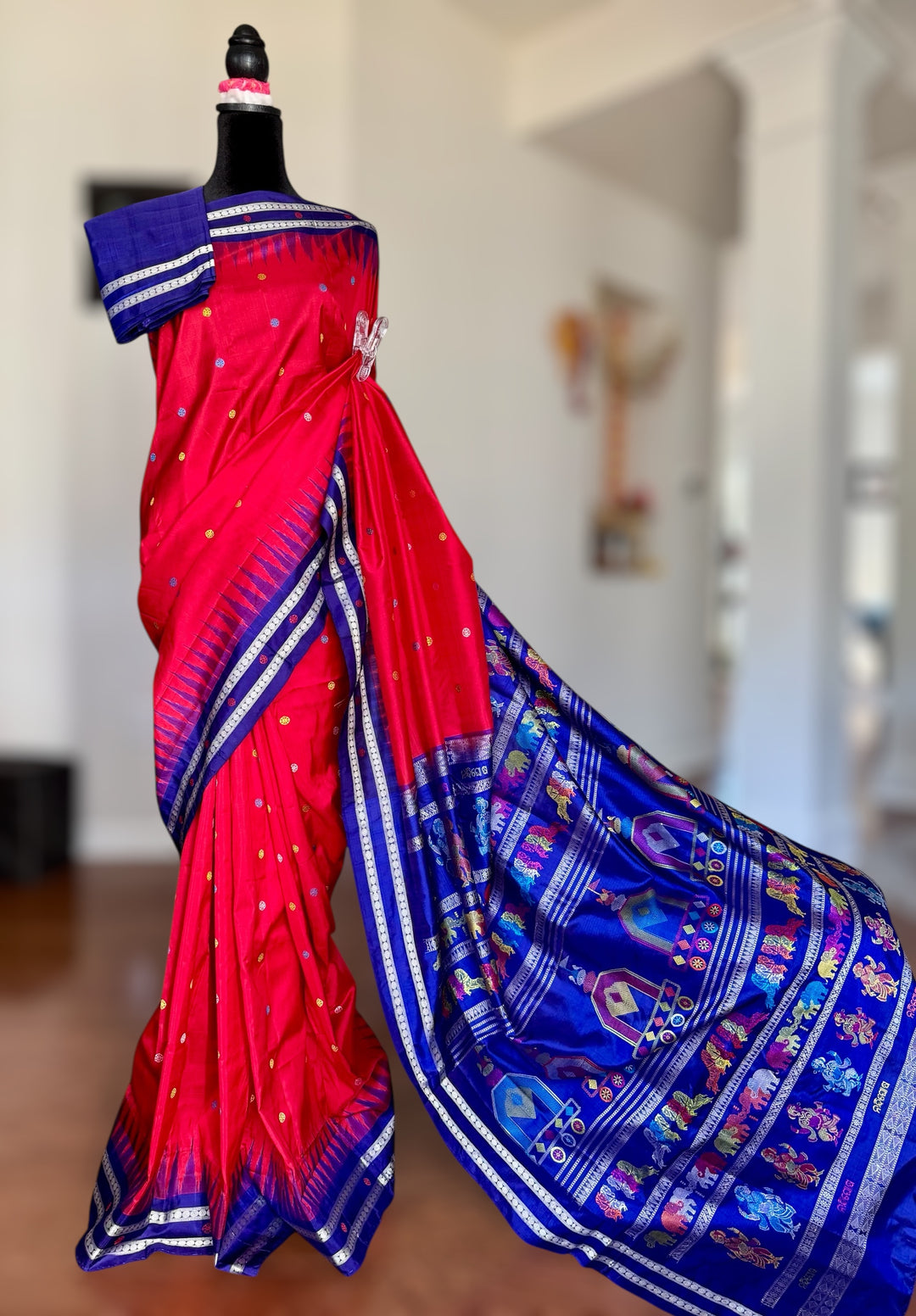 Gorgeous Red with Royal BlueNandighosa pure silk saree from Odisha Weaves| Bomkai|