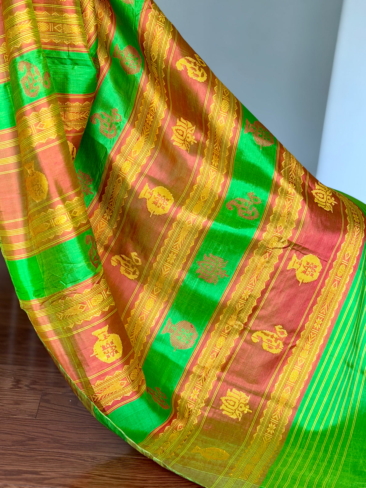 Dark Peach Berhampuri double pallu handwoven  Pure Silk Saree