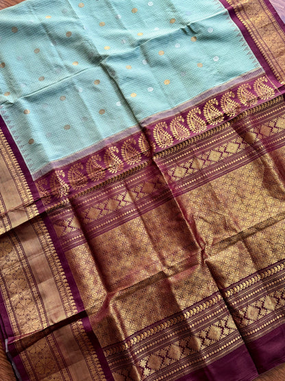 Light Sage Green vintage Checks Gadwal Pure Silk Saree with zari buttas and contrast Maroon border