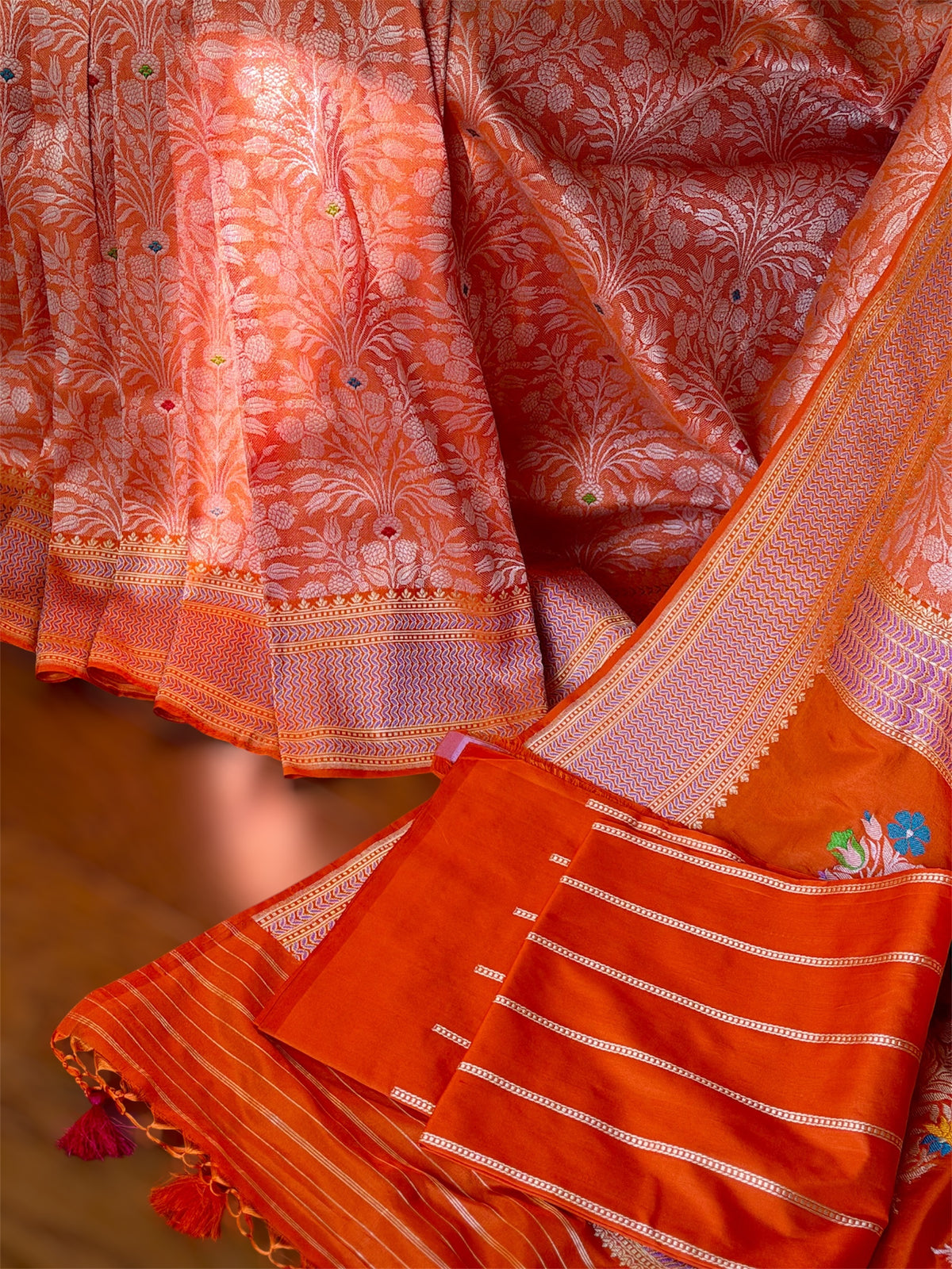 Orange Banarasi handwoven brocade pure silk with Tanchoi meenakari kadhuwa weave saree