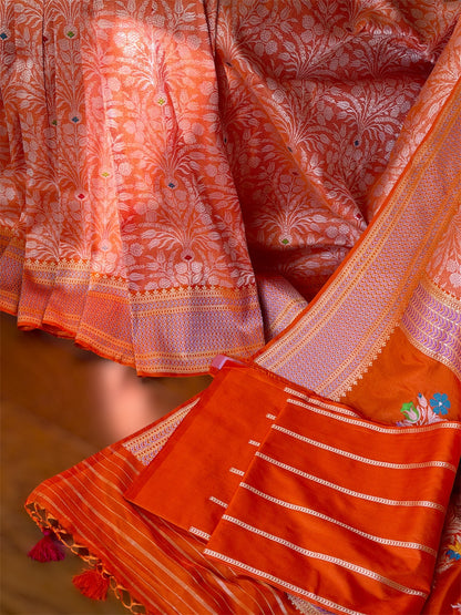 Orange Banarasi handwoven brocade pure silk with Tanchoi meenakari kadhuwa weave saree