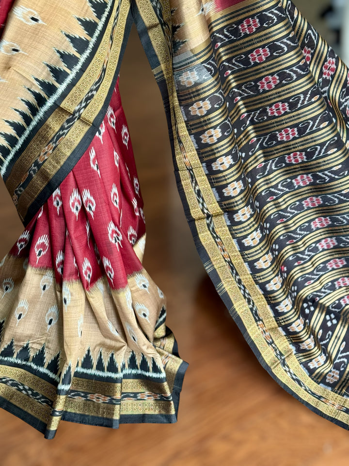 Maroon Beige Chandrika body Contemporary Ikat Pure Silk Saree|Odisha Weaves|Mishrita