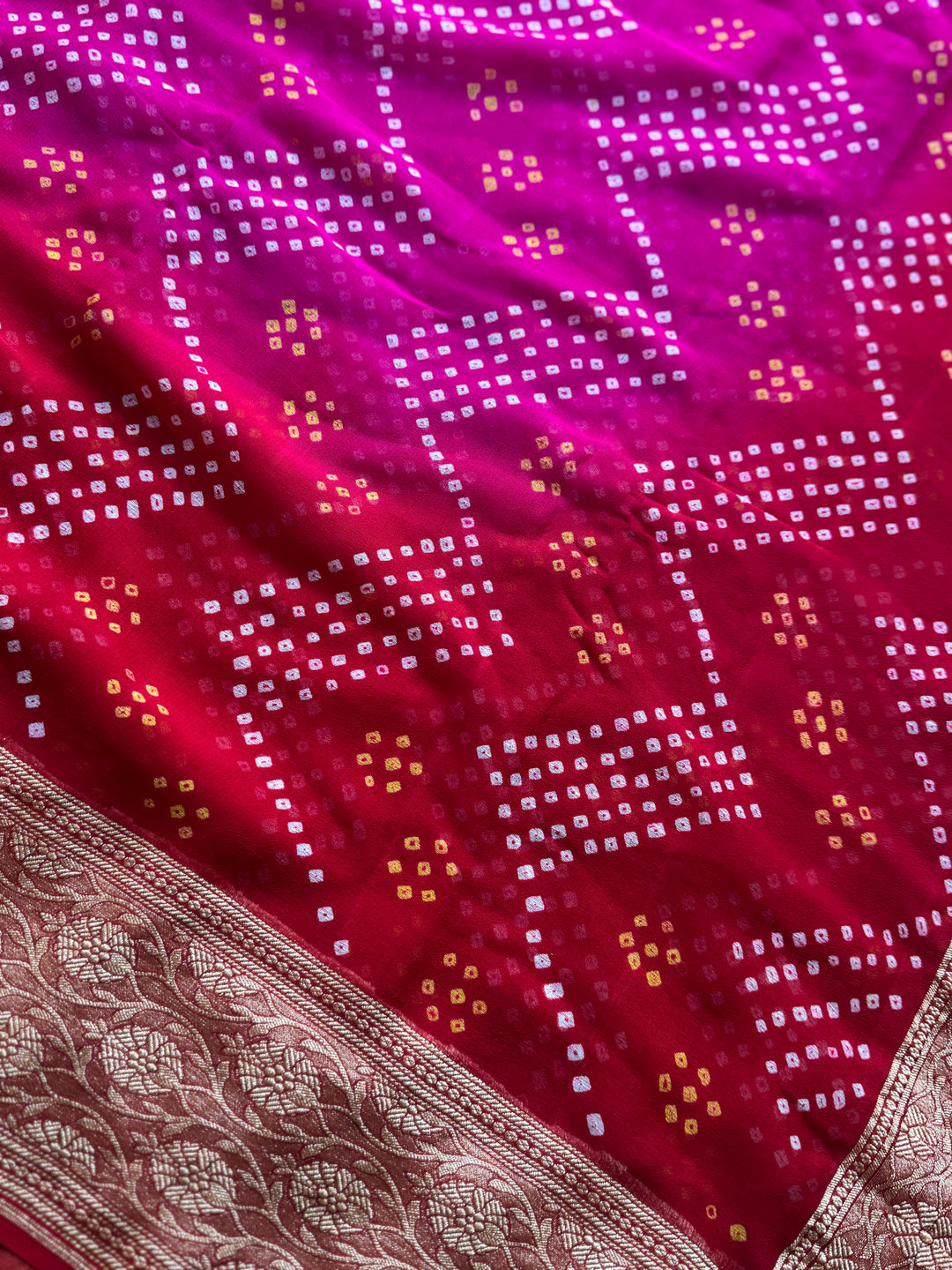 Pink with Red pure khaddi chiffon georgette rai bandhini saree
