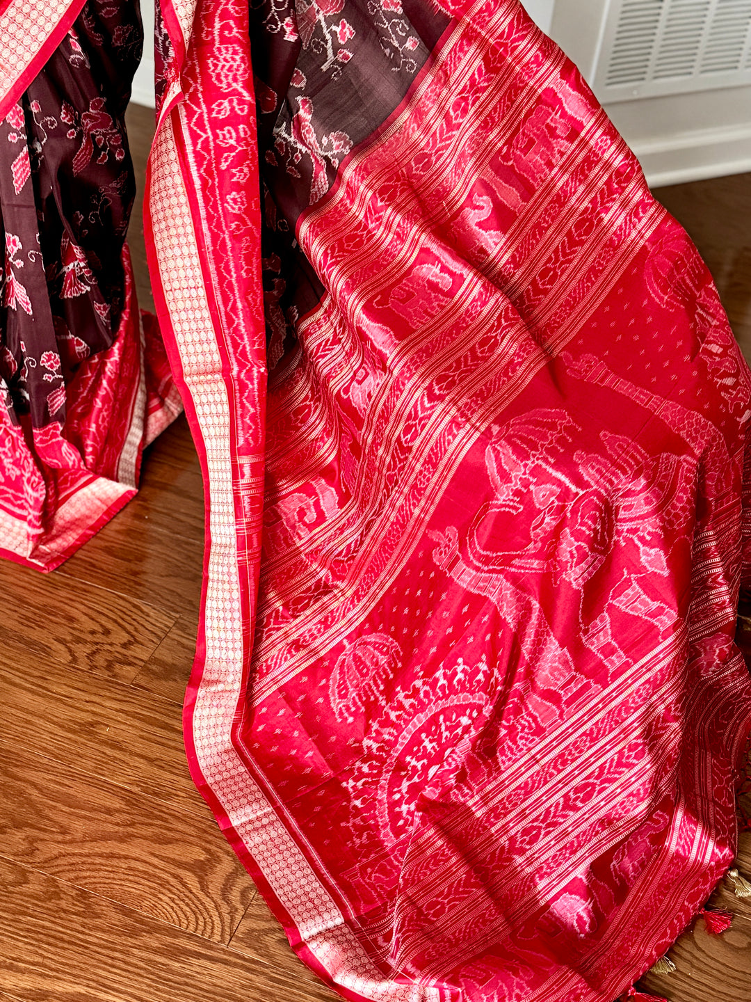 Bird theme Sambalpuri double ikkat pure silk saree in brown and red combination |Odisha Weaves