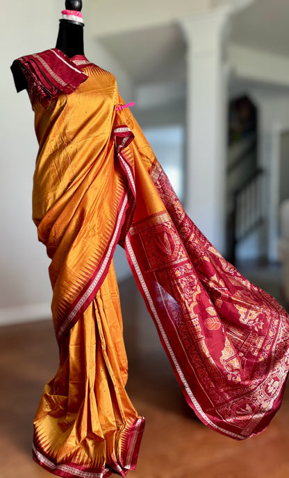 Pale Mustard Yellow Sambalpuri Ikat Pure Silk Saree with “Triphala” Ikat Pallu and Maroon Border