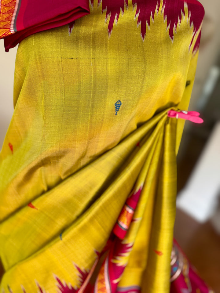 Light green and magenta pink combination Dongria double pallu contemporary ikat pure silk saree