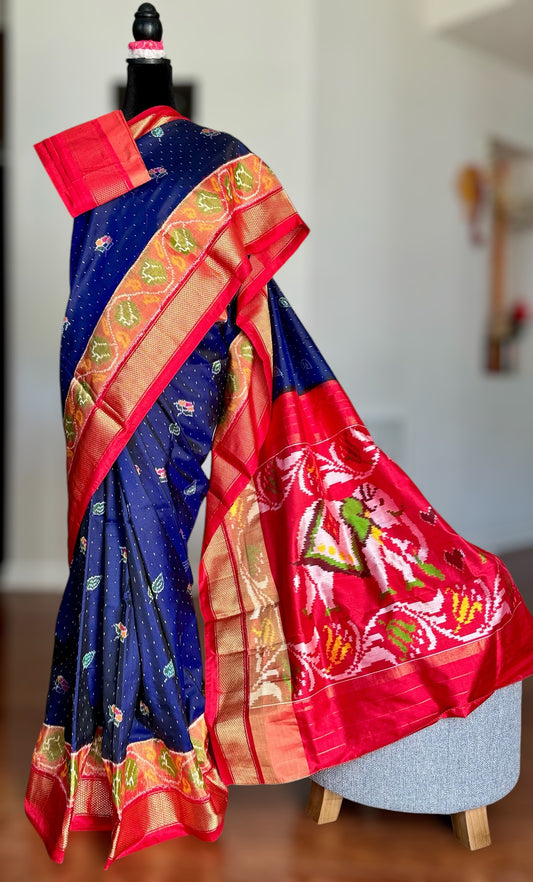 Elephant Pallu night blue with red combination Pochampally ikat pure silk saree