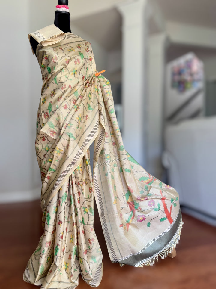 Baige-gold semi (double) ikat patan Patola pure silk saree