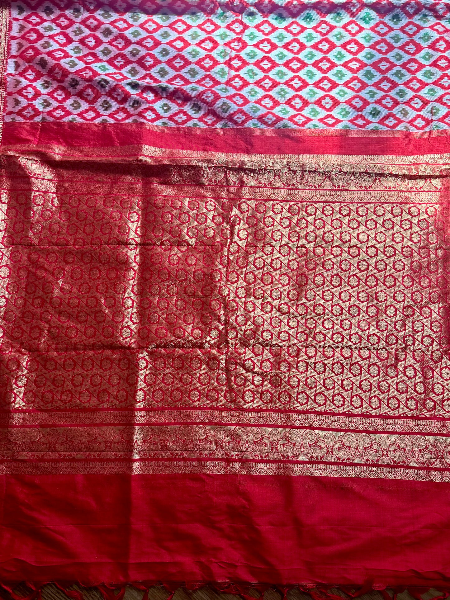Red Twill Ikkat (Pochampally)handwoven pure silk Saree with Zari Woven Kanchipuram Border
