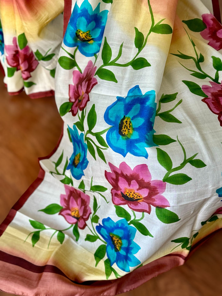 Ombre with beautiful flower design Light weight,Hand painted Pure silk saree| Value Vogue