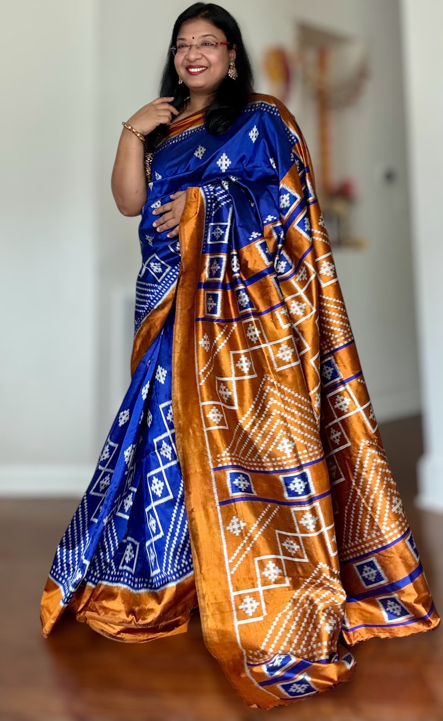 Blue with Mustard Yellow color handwoven ikat pure silk saree|Odisha Weaves|Contemporary Ikat|Antara