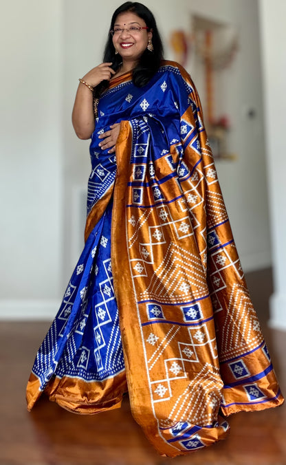 Blue with Mustard Yellow color handwoven ikat pure silk saree|Odisha Weaves|Contemporary Ikat|Antara