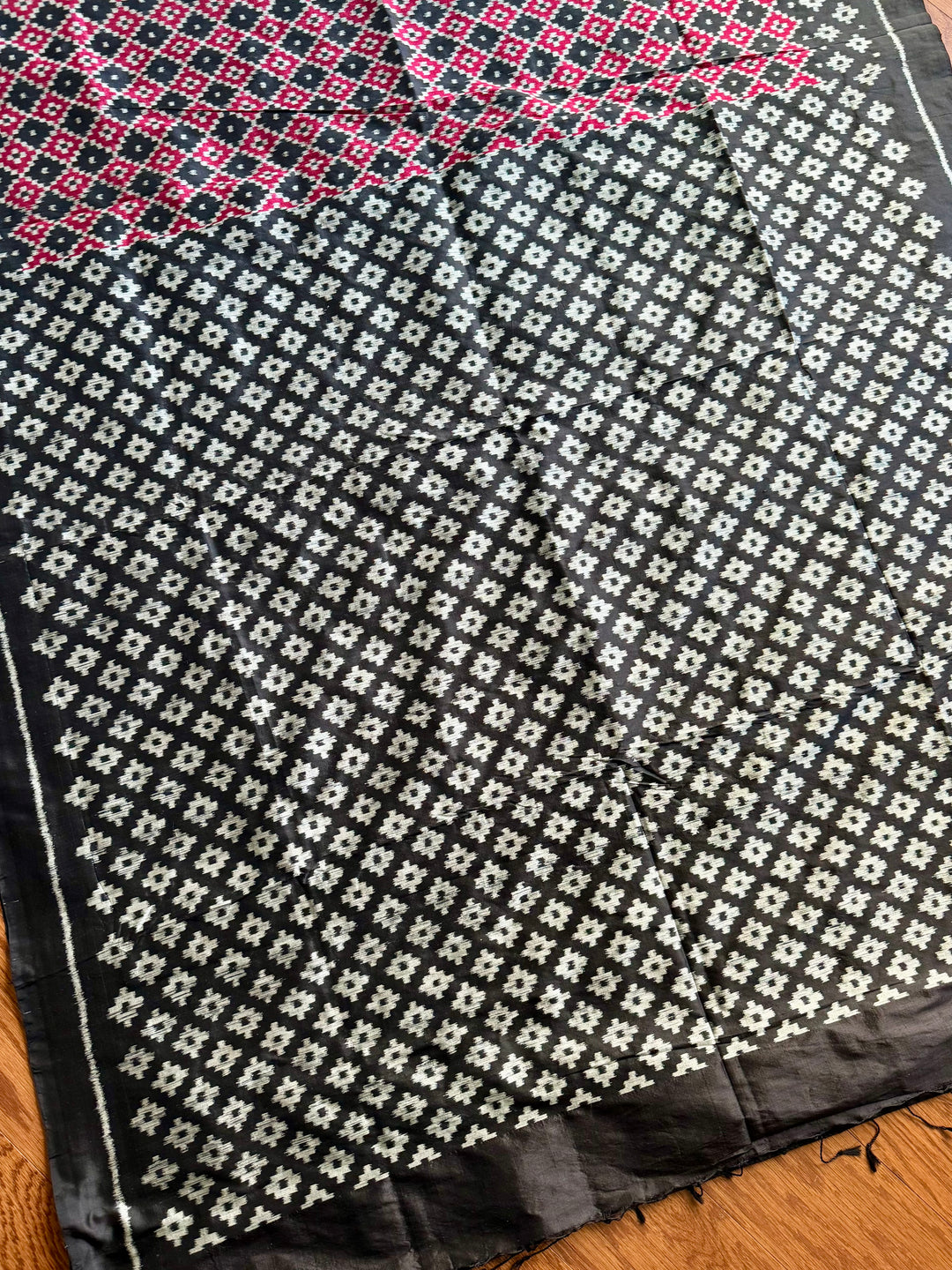 Black with red handwoven ikat pure silk saree|Odisha Weaves|Contemporary Ikat|