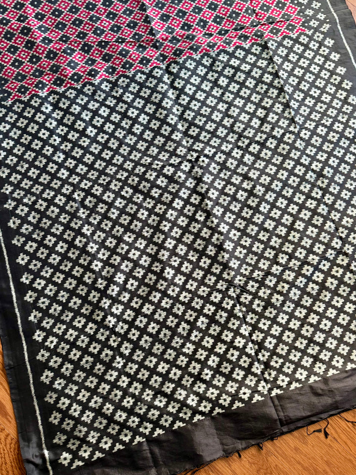 Black with red handwoven ikat pure silk saree|Odisha Weaves|Contemporary Ikat|