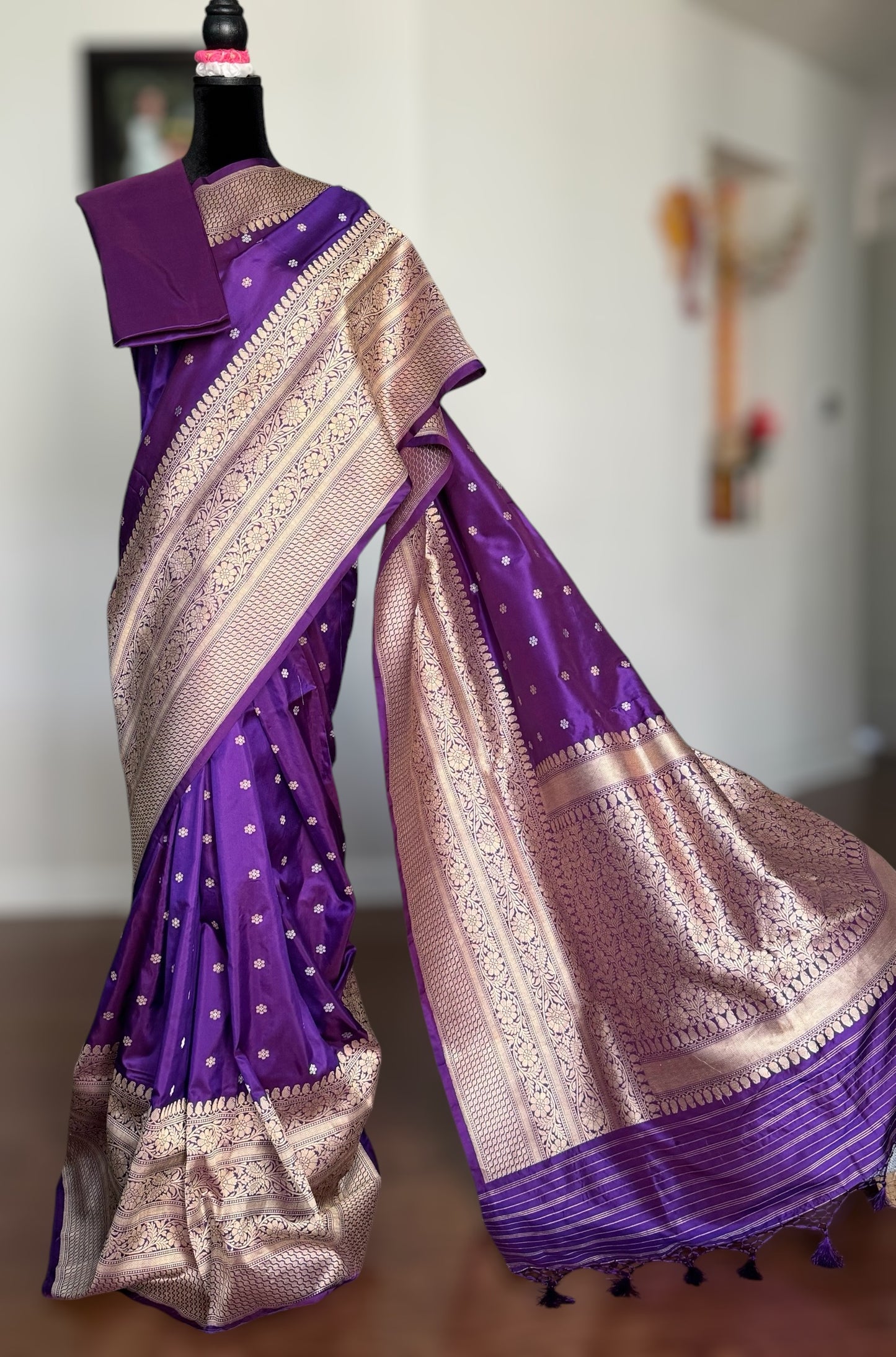 Exquisite piece of Banarasi handloom katan pure silk saree in purple