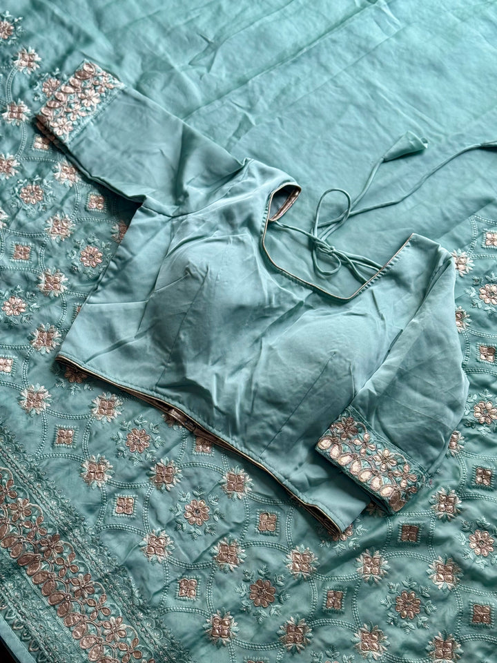 Sage Green Color gota and embroidery work designer satin crep silk saree|Party Wear Saree|PPS