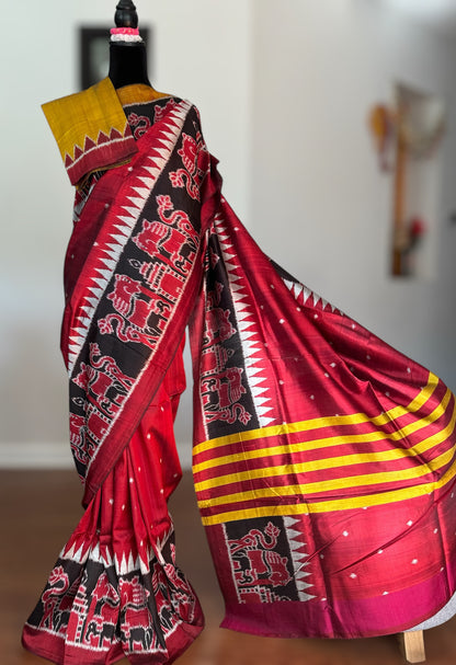 Maroon-ish Red Contemporary ikat pure silk Saree from Odisha weaves