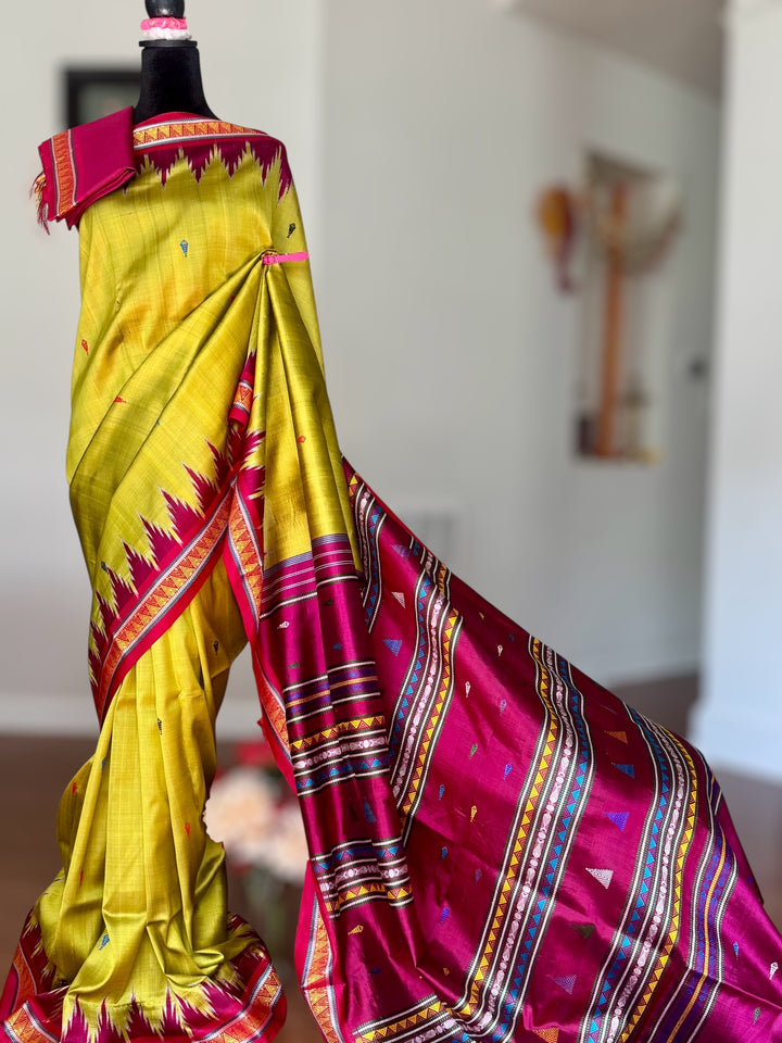 Light green and magenta pink combination Dongria double pallu contemporary ikat pure silk saree