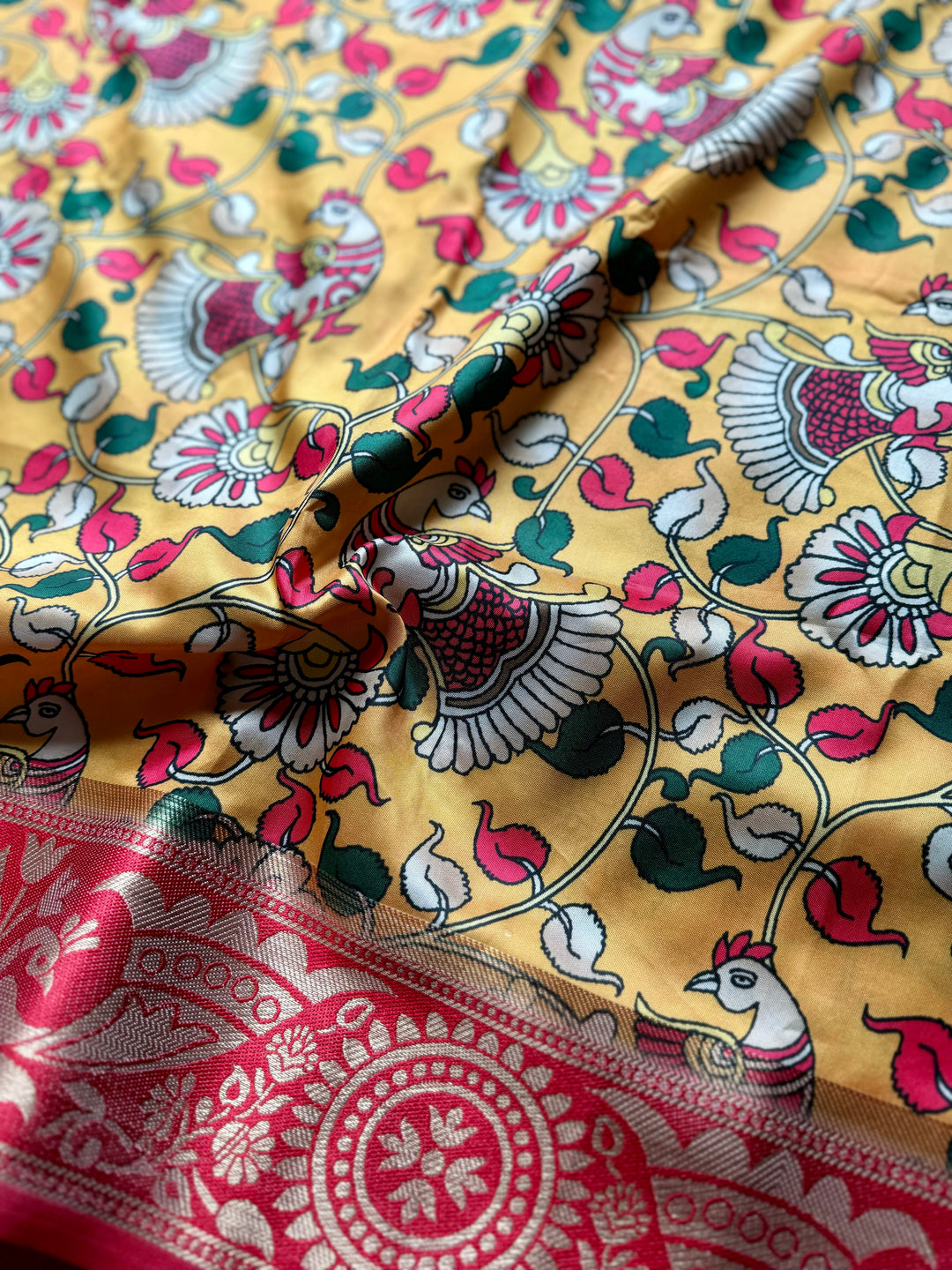 Kalamkari and paithani inspired artificial silk saree with stitched blouse|Value Vogue
