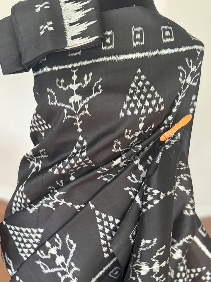 Handwoven Black contemporary ikat Silk Saree from Odisha|Mishrita