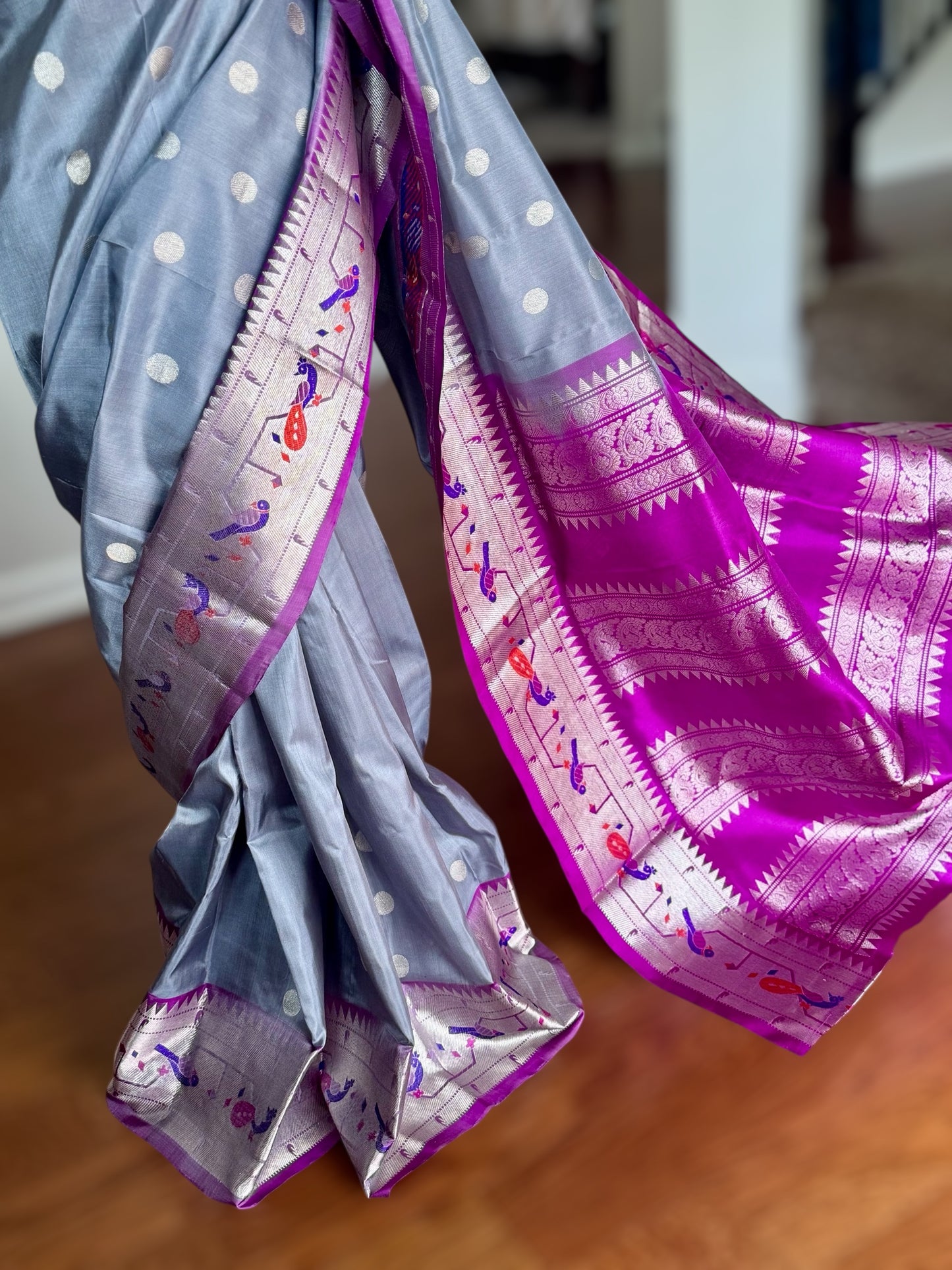 Grey purple high quality Venkatagiri handloom pure silk saree with Paithani border