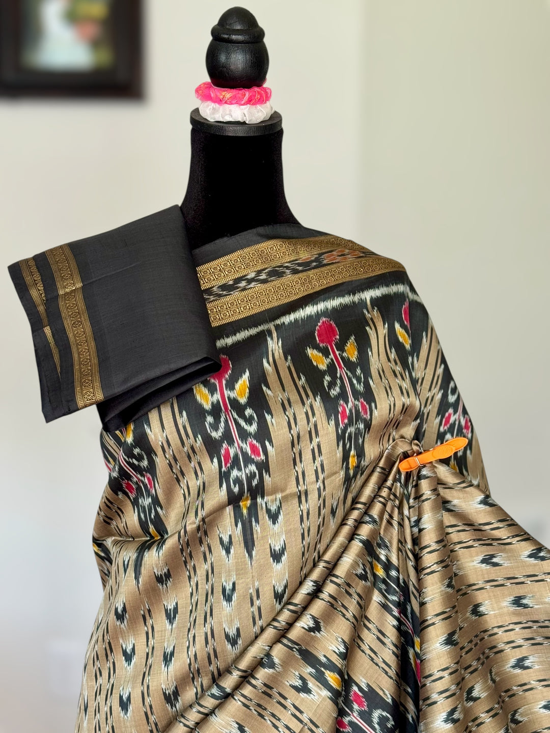 Handwoven Pure Silk ikat Khandua Saree Beige-Gold|Mishrita |Odisha Weaves