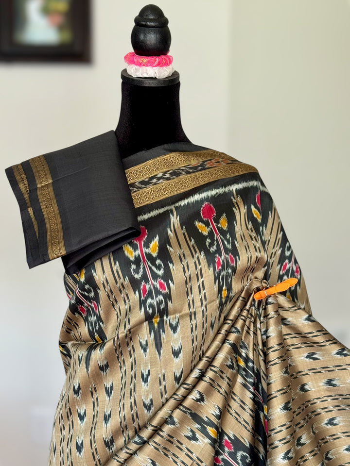 Handwoven Pure Silk ikat Khandua Saree Beige-Gold|Mishrita |Odisha Weaves