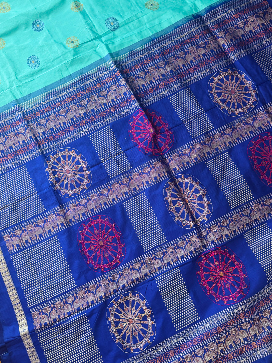 Konark theme Handwoven Bomkai Pure Silk Saree – Turquoise Blue with Royal Blue Pallu from Odisha Weaves