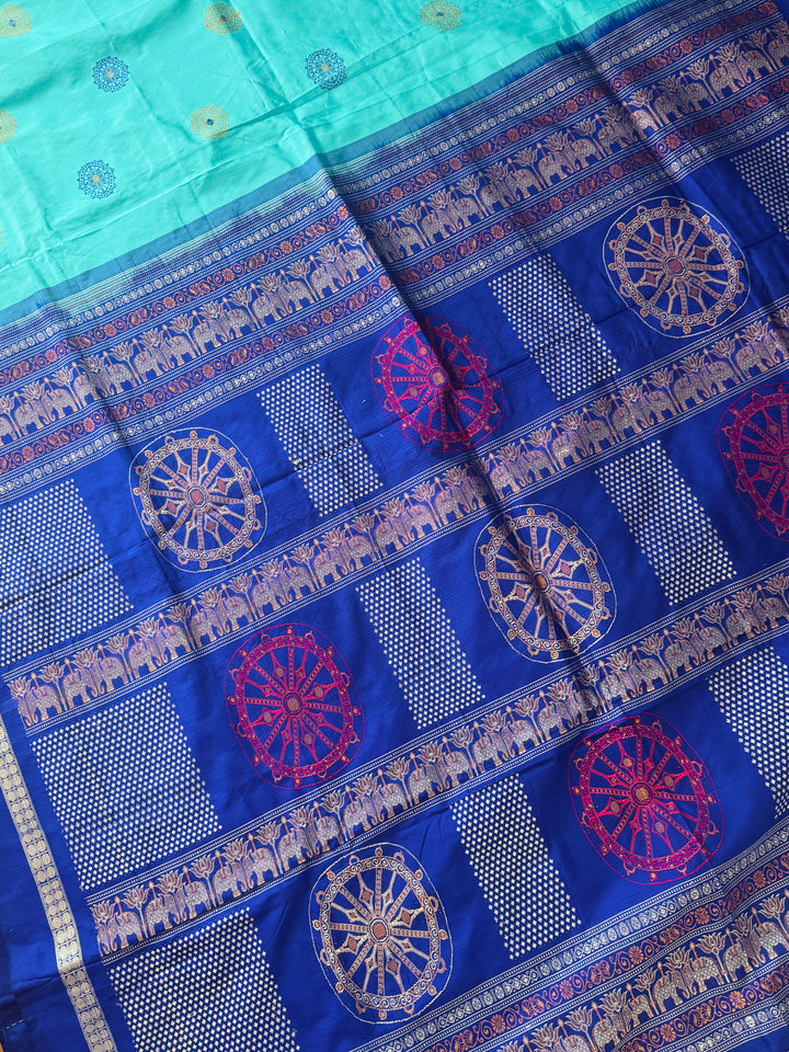 Konark theme Handwoven Bomkai Pure Silk Saree – Turquoise Blue with Royal Blue Pallu from Odisha Weaves