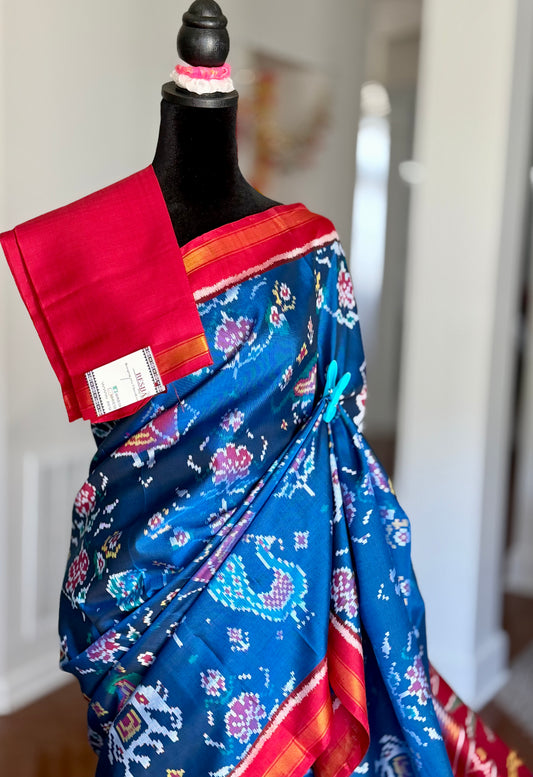 Dark teal blue with Red four-figure single ikat patan Patola pure silk saree (aka semi-double ikat)