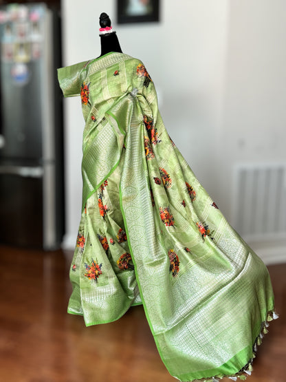 Beautiful Green color powerloom made banarasi pure silk saree with digital flower print and stitched blouse| Value Vogue