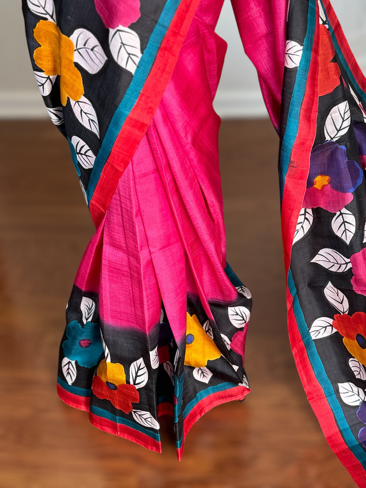 Pink with beautiful flower design Light weight,Hand painted Pure silk saree| Value Vogue
