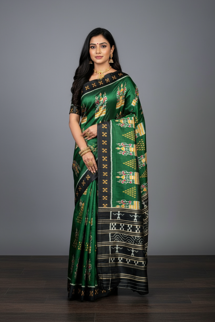 Dark Green Tribal Dance theme Contemporary Ikat Pure Silk Saree|Odisha Weaves