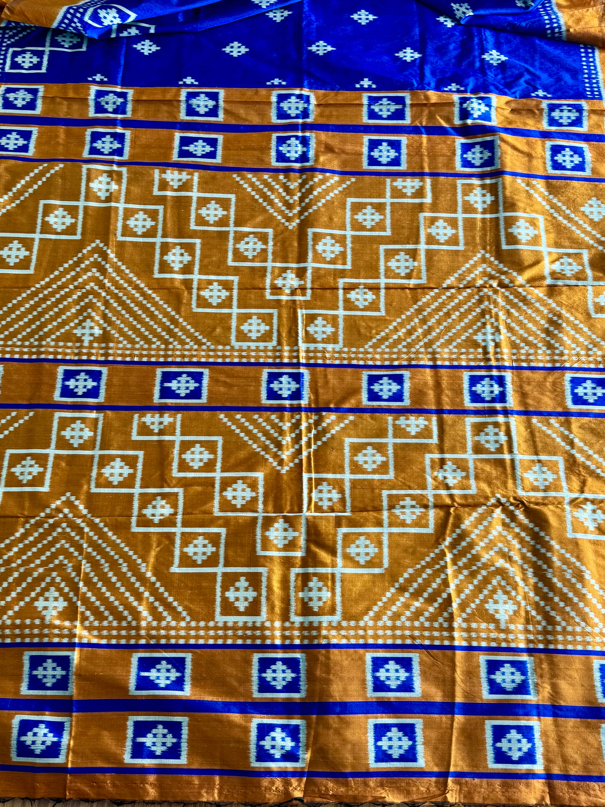 Blue with orange color handwoven ikat pure silk saree|Odisha Weaves|Contemporary Ikat|Antara