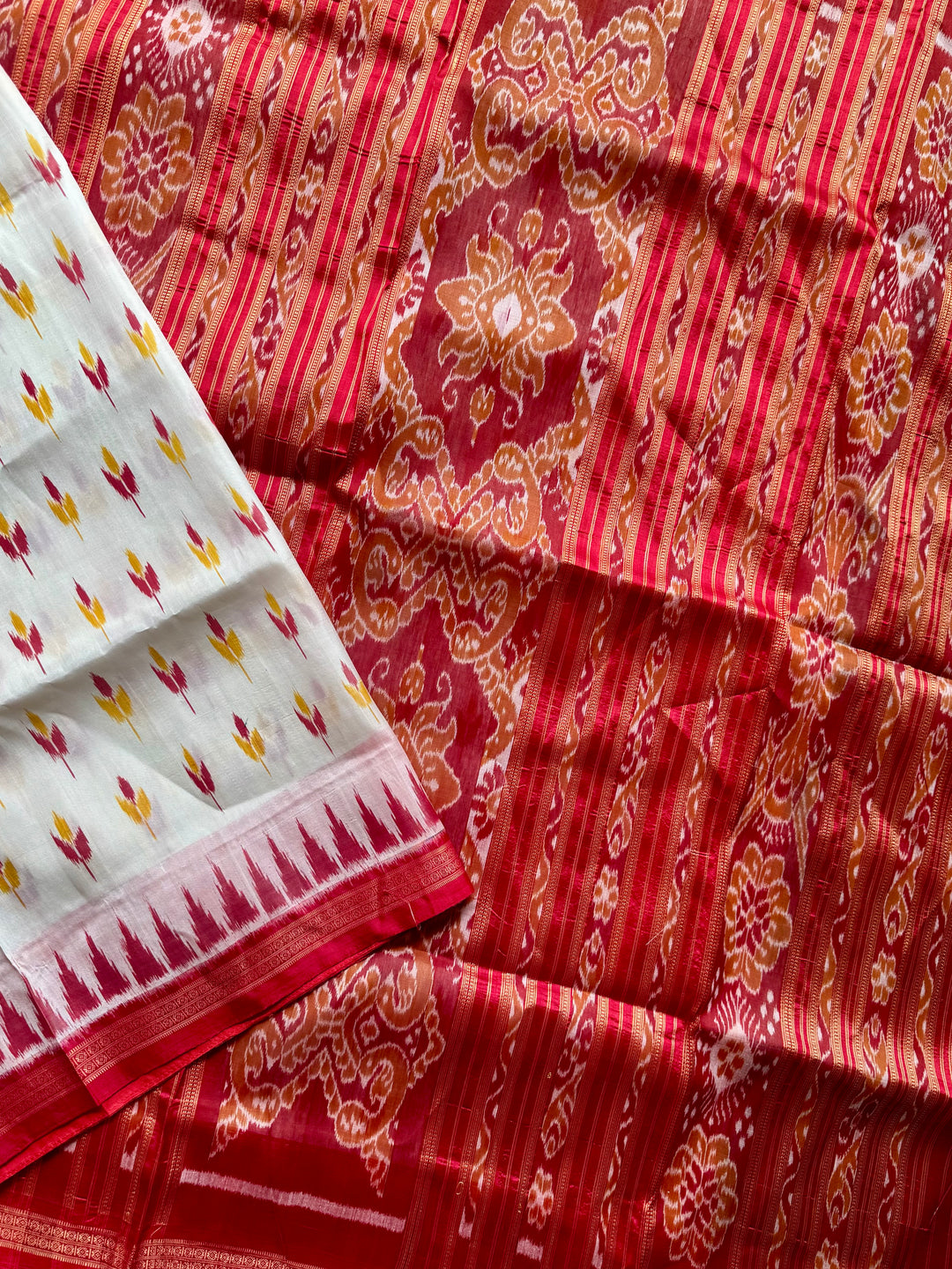 Flower bud design Handwoven Pure Silk ikat Khandua Saree White-Red|Odisha Weaves