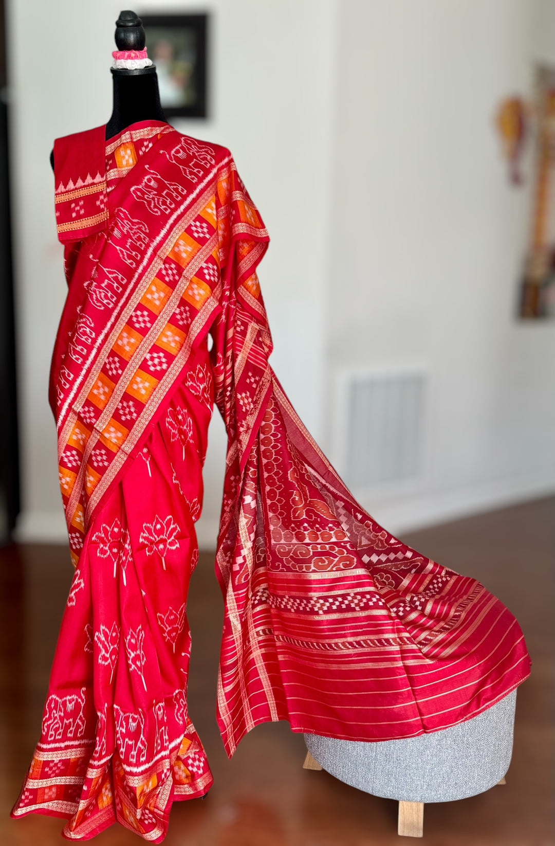 Red color Elegant khandua ikat pure silk saree with Elephant lotus motifs in body and pasapalli border |Odisha Weaves