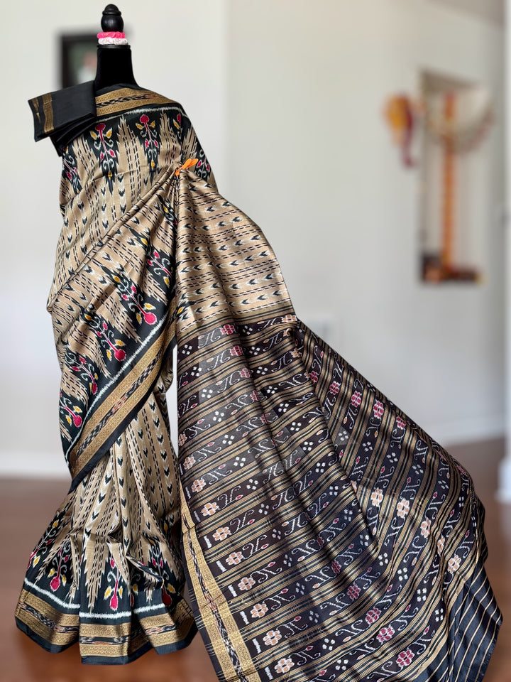 Handwoven Pure Silk ikat Khandua Saree Beige-Gold|Mishrita |Odisha Weaves