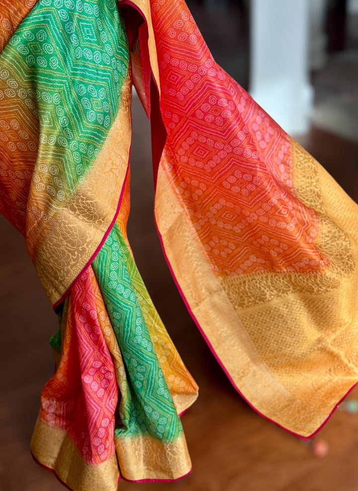Multi colored Bandhini printed silk saree|Party Wear Saree|PPS