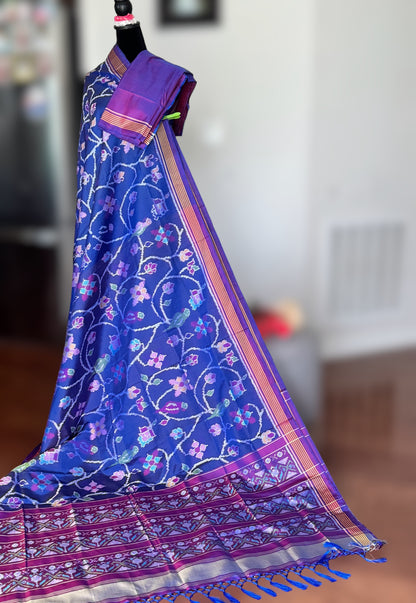 Blue with purple color semi (double) ikat patan Patola pure silk saree