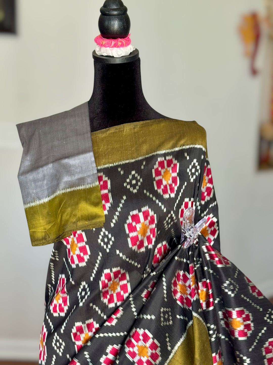 Black color handwoven ikat pure silk saree with Baghambari motif|Odisha Weaves|Contemporary Ikat|