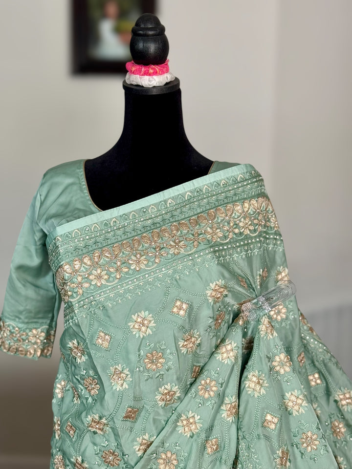 Sage Green Color gota and embroidery work designer satin crep silk saree|Party Wear Saree|PPS