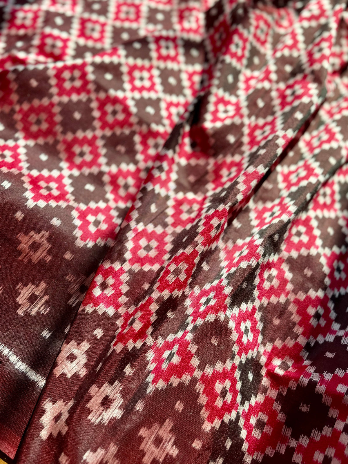 Maroon handwoven ikat pure silk saree with pasapali design|Odisha Weaves|Contemporary Ikat|Antara