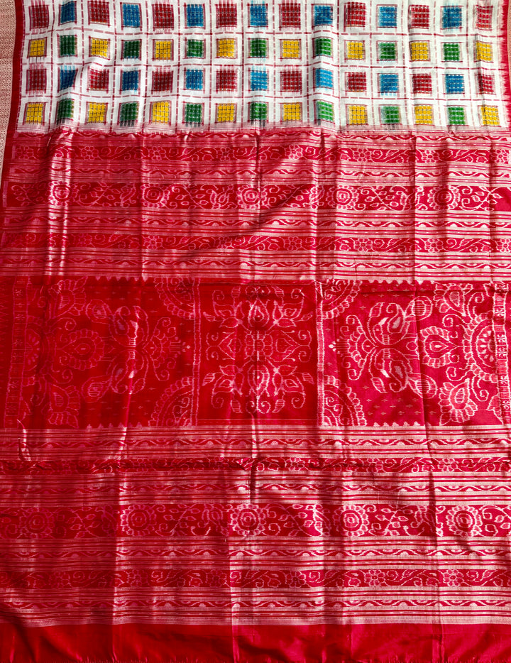 Handwoven White Mini (Chhoti)Aswini Sambalpuri Double ikat pure silk saree|Odisha Weaves|