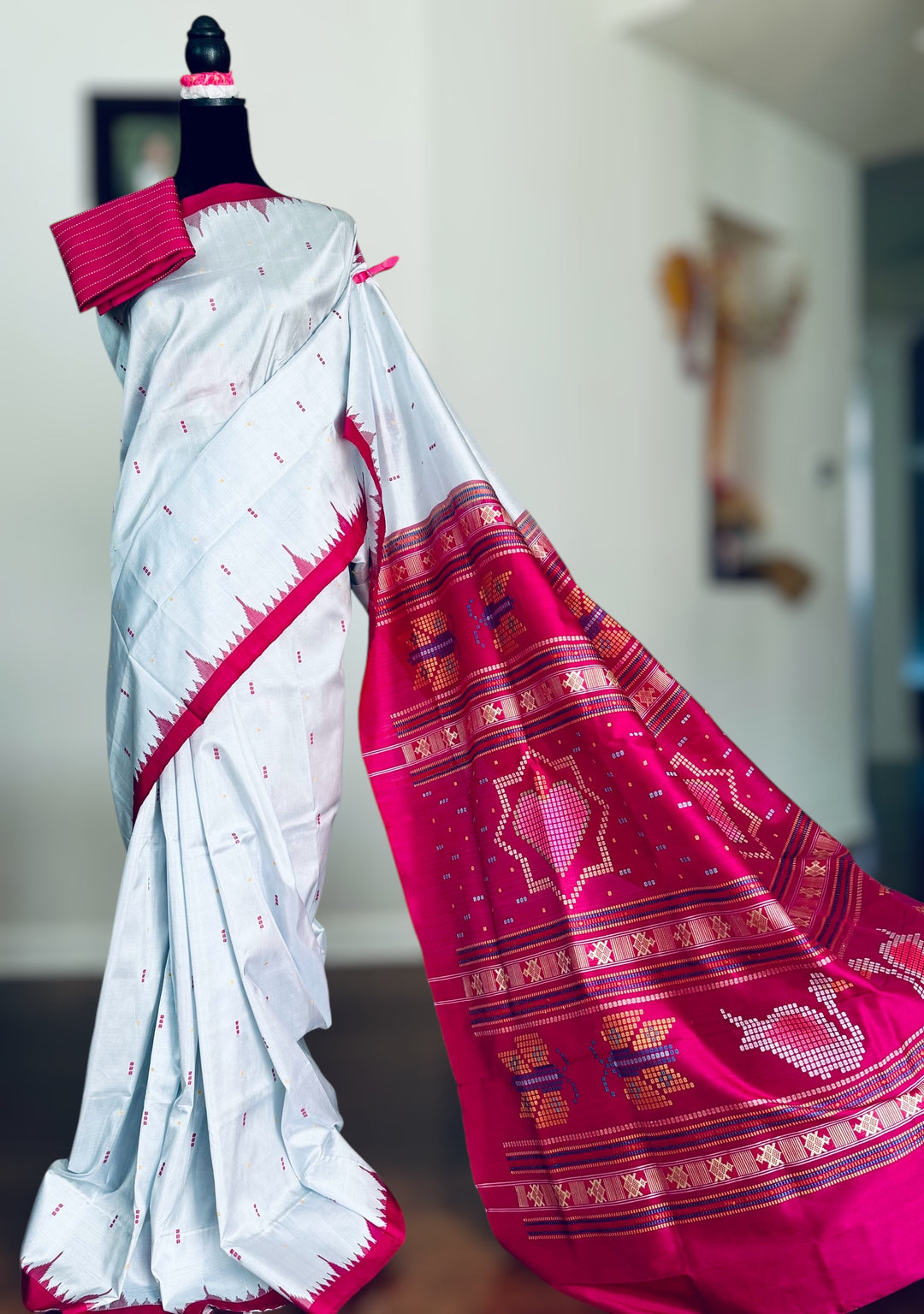 Blueish Grey with Magenta Phoda kumbha Sambalpuri handwoven pure Silk Saree with Dobby weaved Pallu |Odisha Weaves