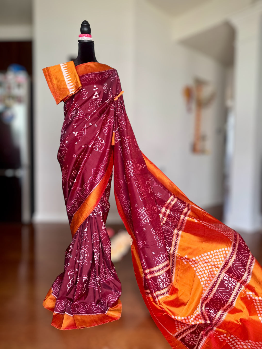 Maroon with orange yellow color handwoven Chita patterned ikat pure silk saree|Odisha Weaves|Contemporary Ikat