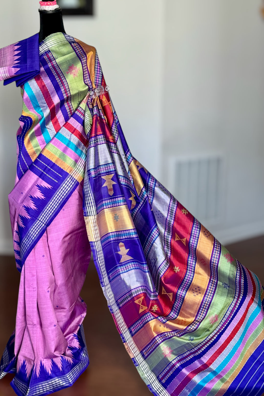 Lavender Pink with blue combination Berhampuri Double pallu pure silk saree